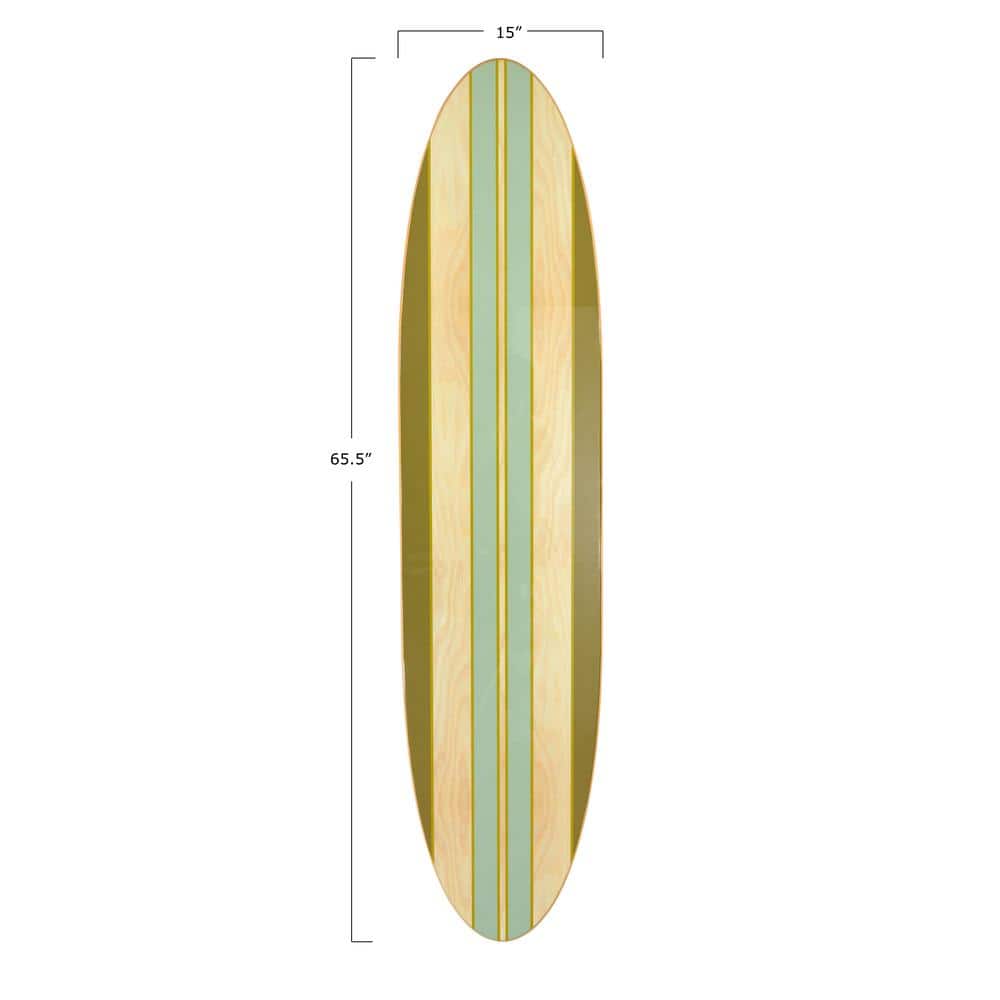 Green and Light Brown Striped Wooden Surfboard Wall Decor