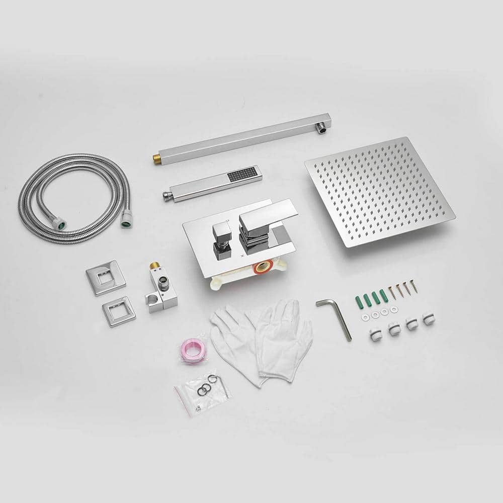 12-Inch Chrome Square Rain Shower System with Handheld and Valve
