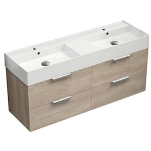 Derin 55.51 in. W x 18.11 in. D x 25.2 H Double Sinks Wall Mounted Bathroom Vanity in Brown oak with White Ceramic Top