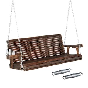 2-Person Tan Wood Porch Swing with Phone Slots and Cup Holders