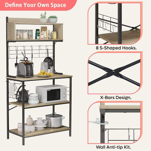 VASAGLE ALINRU Kitchen Bakers Rack Cupboard with 10 Hooks, Mesh Panel, 3 Shelves, and Adjustable Feet, for Microwave Oven