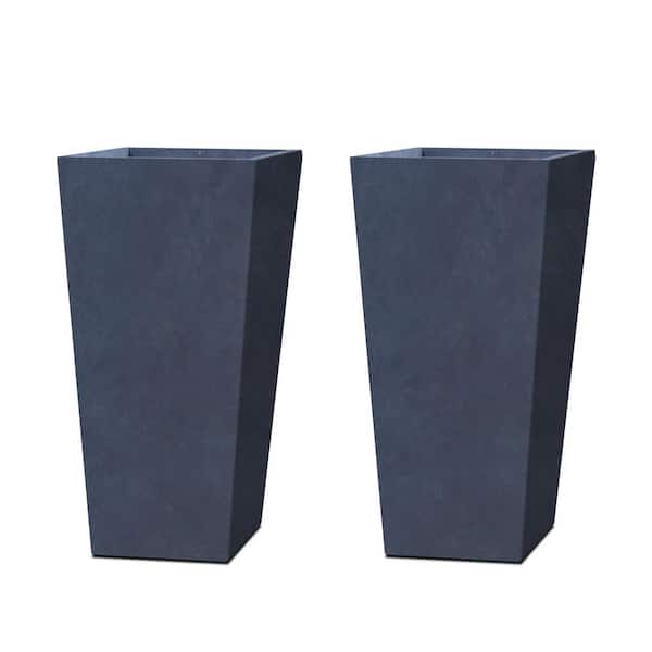 Set of 2 Tall Tapered Concrete Planters, 24.4 in. H - Modern Indoor/Outdoor Garden Pots with Drainage, Charcoal Finish