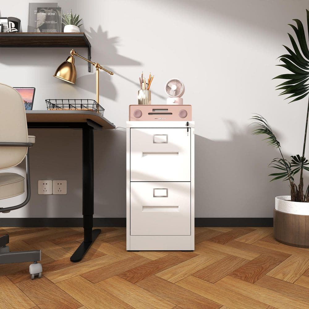 28.8 in. H x 17.7 in. D 2 Drawer White Metal 14.9 in. W Vertical File Cabinet with Lock Metal File Cabinet Printer Stand