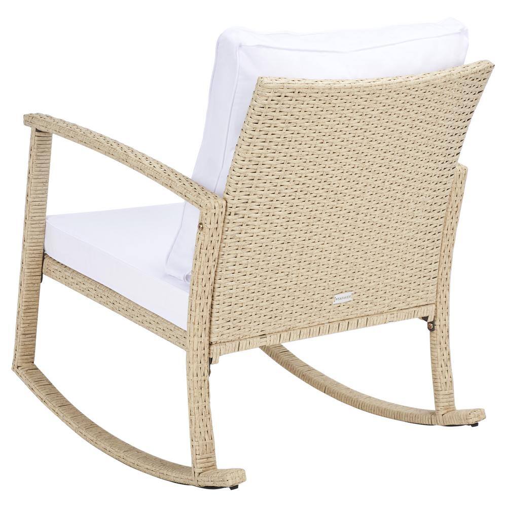 Beige and White Rattan Rocking Chair with Cushions