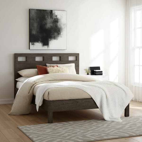 Benjara Yee Gray Wood Frame Queen Panel Bed with Cut Out Headboard