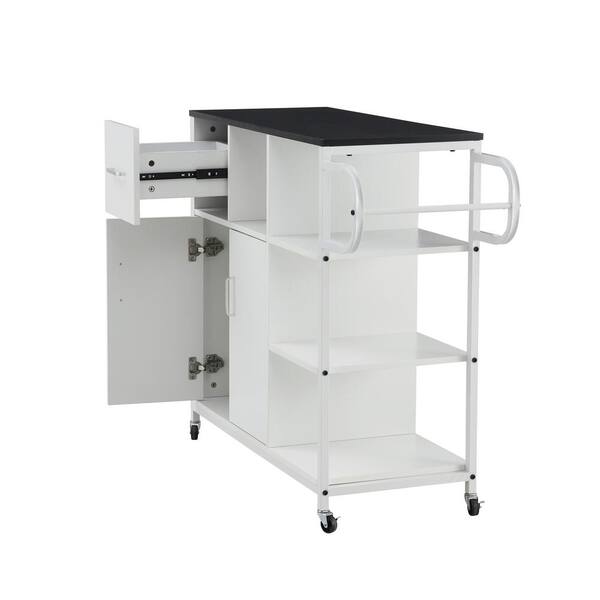 White Kitchen Storage Cabinet Cart with Spice Rack and Towel Holder, Matte Black Top