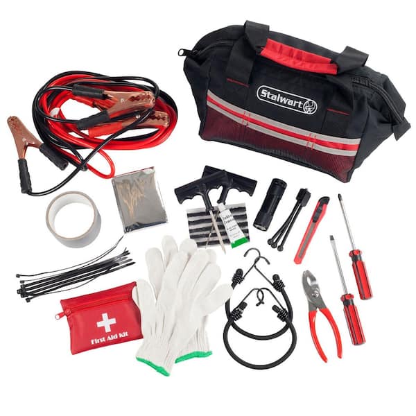 Red Emergency Roadside Tool and First Aid Kit with Travel Bag (55-Piece)