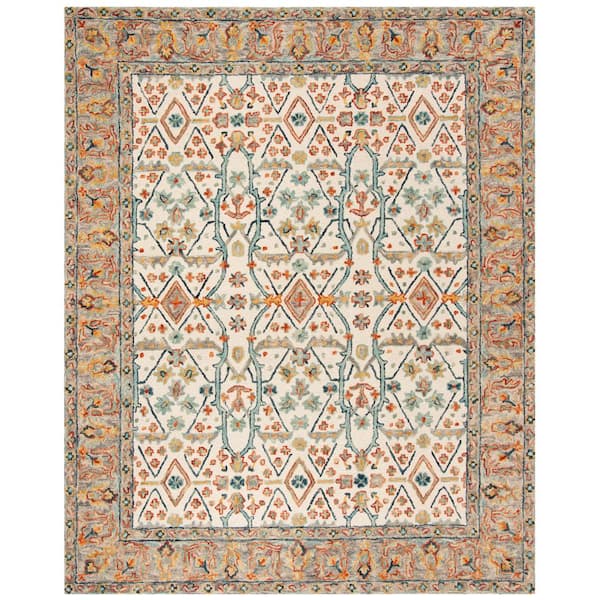 Aspen 10 ft. x 14 ft. Ivory/Blue Border Floral Speckled Area Rug