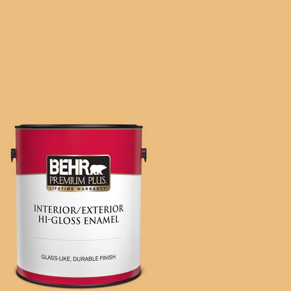 BEHR PREMIUM PLUS 1 gal. #310D-4 Gold Buff Hi-Gloss Enamel Interior/Exterior Paint