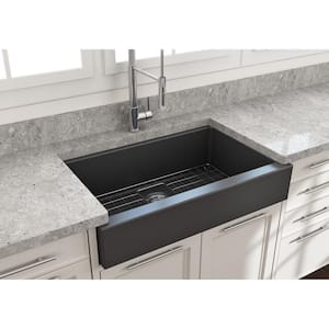 Nuova Pro 34 in. Short Apron Drop-In/Undermount Single Bowl Matte Dark Gray Fireclay Kitchen Sink with Grid in. Strainer