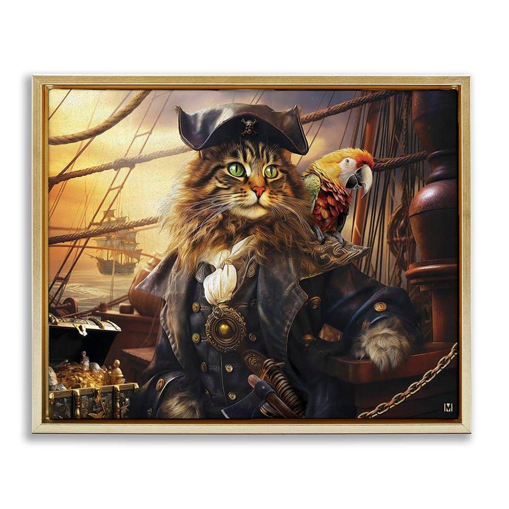 Stupell Industries Pirate Cat on Ship by Michael David Ward Gold