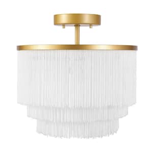 12 in. 1-Light Matte Gold Semi-Flush Mount Ceiling Light with White Fabric Fringe Shade