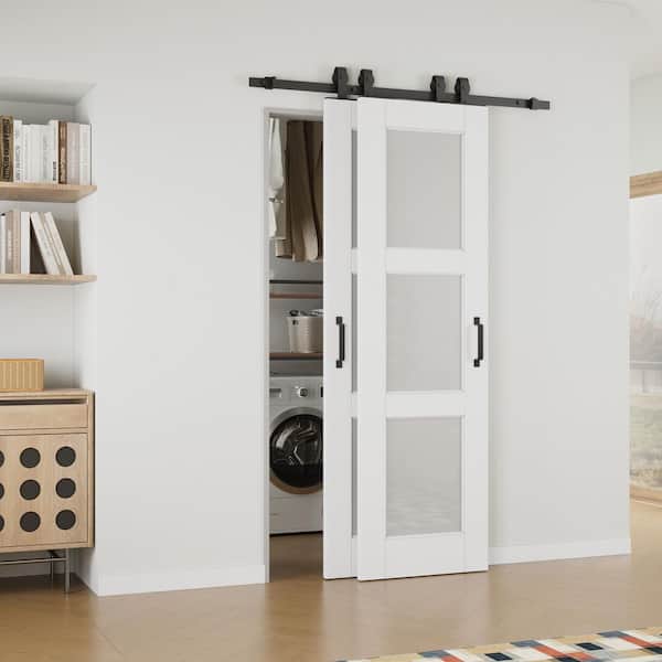 ARK DESIGN 40 in. x 80 in. (Double 24 in. ) 3-Lite Frosted Glass White Primed MDF Sliding Barn Door with Hardware Kit Bypass