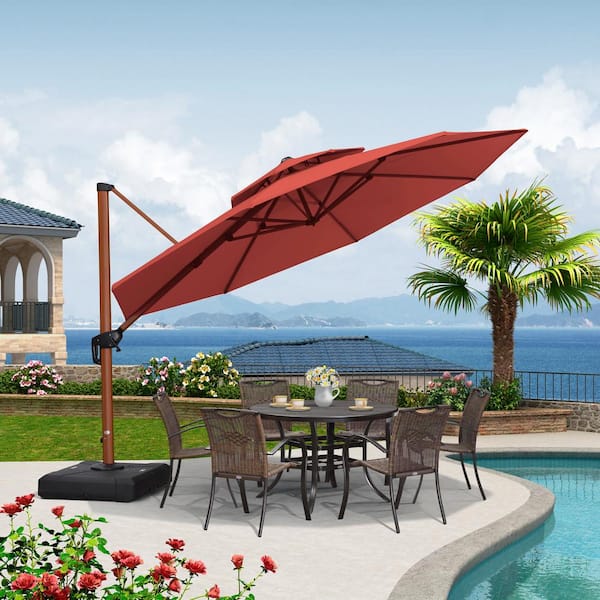 PURPLE LEAF 12 ft. Octagon High-Quality Wood Pattern Aluminum Cantilever Polyester Patio Umbrella with Stand, Brick Red