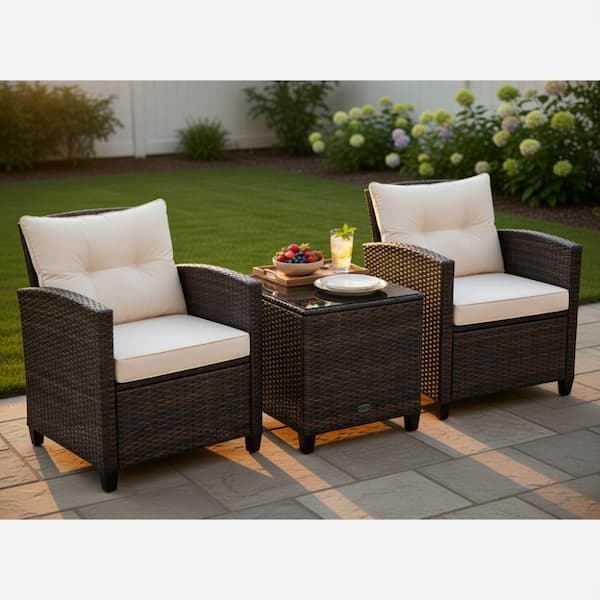 3-Piece Rattan Patio Set with Cushions, Colors: White/Red/Beige/Turquoise/Navy/Black/Gray/Peacock Blue, 2 Chairs+Table