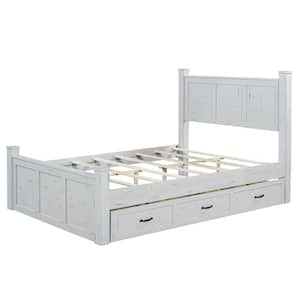 White Wood Frame Queen Platform Bed with 3-Storage Drawers