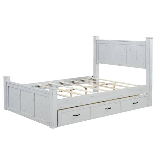 Light Ash White Wood Frame Queen Platform Bed with 3-Storage Drawers