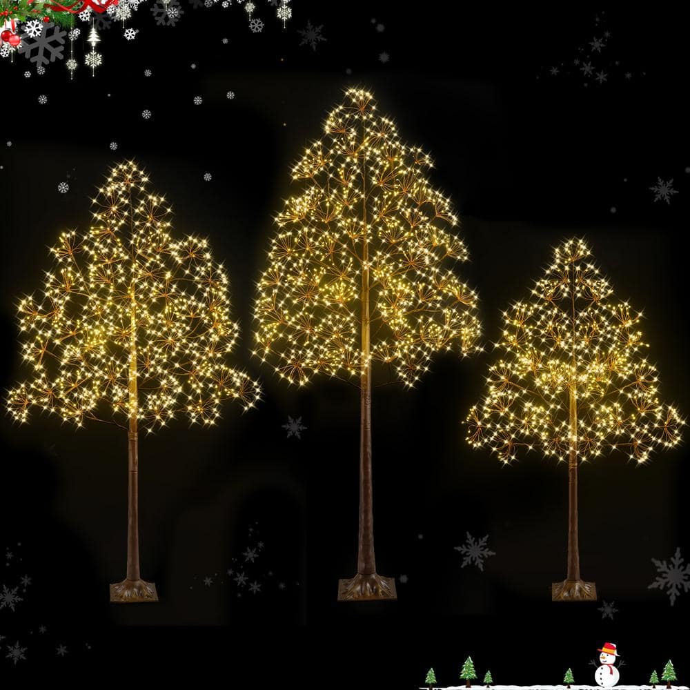 3-Piece 6/5/4 ft. Brown Indoor/Outdoor Pre-Lit Artificial Christmas Tree wi