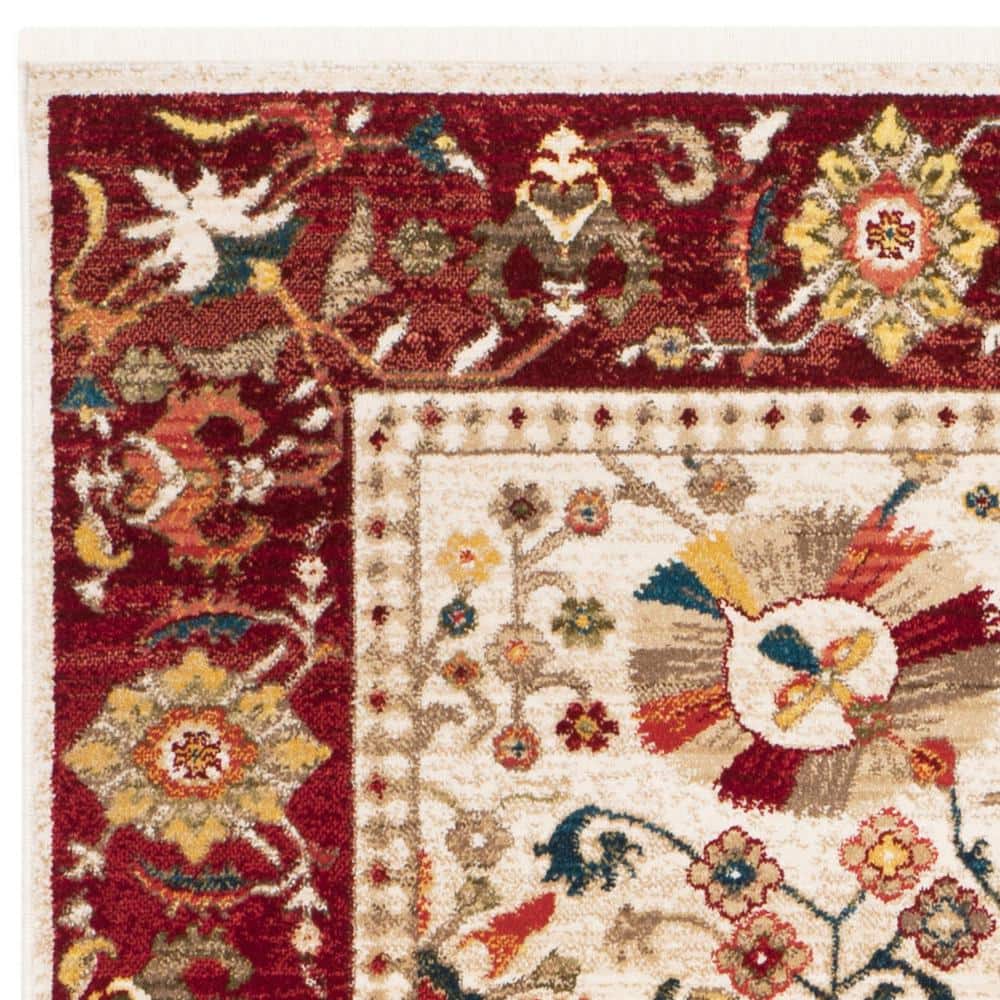 Ivory and Red Hand-knotted Synthetic Rectangular Area Rug
