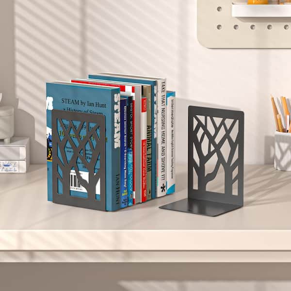 4-Piece Modern Metal Bookends for Shelves, Black Tree Book Ends for Books, Decorative Book Organizer for Desk