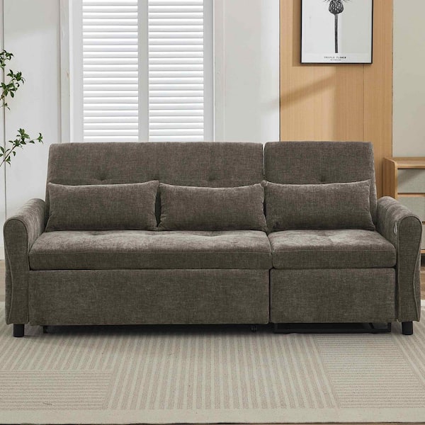 82 in. Flared Arm Chenille Rectangle with a Sofa Bed and a Reversible Recliner Sofa in Dark Grey