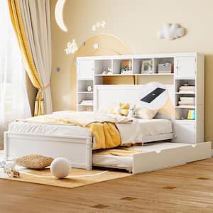 White Wood Frame Queen Platform Bed with All-In-One Cabinet, Multiple Shelves, Cabinets, Twin Trundle, USB, Drawers