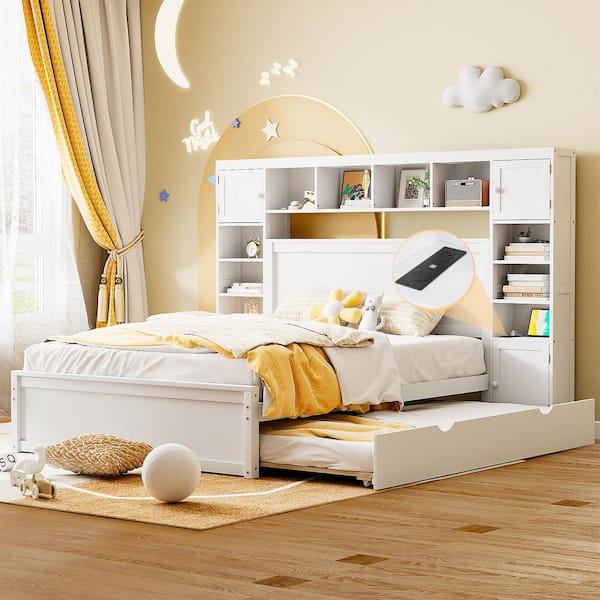 Harper & Bright Designs White Wood Frame Queen Platform Bed with All-In-One Cabinet, Multiple Shelves, Cabinets, Twin Trundle, USB, Drawers