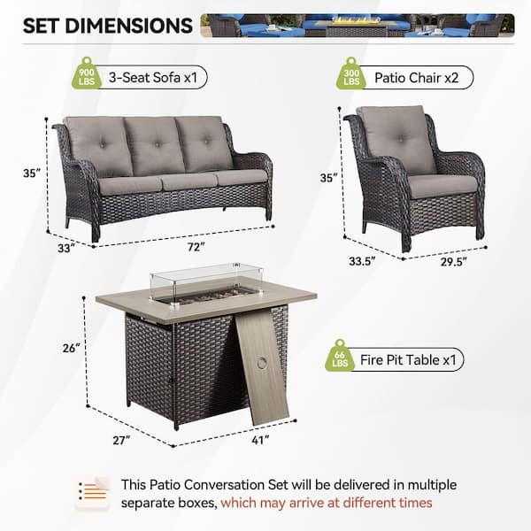 4-Piece Brown Wicker Fire Pit Conversation Set with Olefin Gray Cushions and Curved Arm Lounge Chairs and Couch