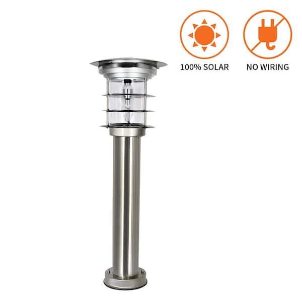 GAMA SONIC Stainless Steel Silver Bollard Light Outdoor Waterproof Garden Solar Warm White LED Pathway Landscape Light