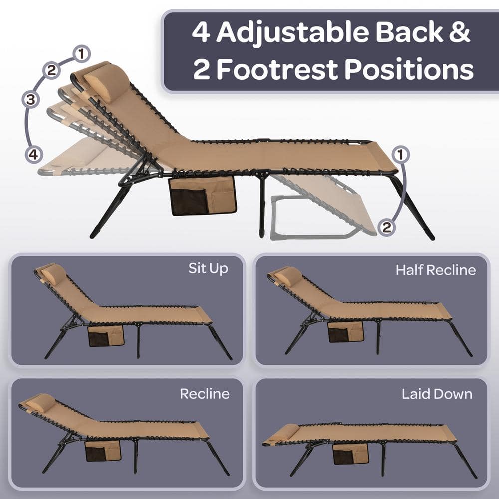 Beige Textilene and Iron Folding Outdoor Chaise Lounge Chair