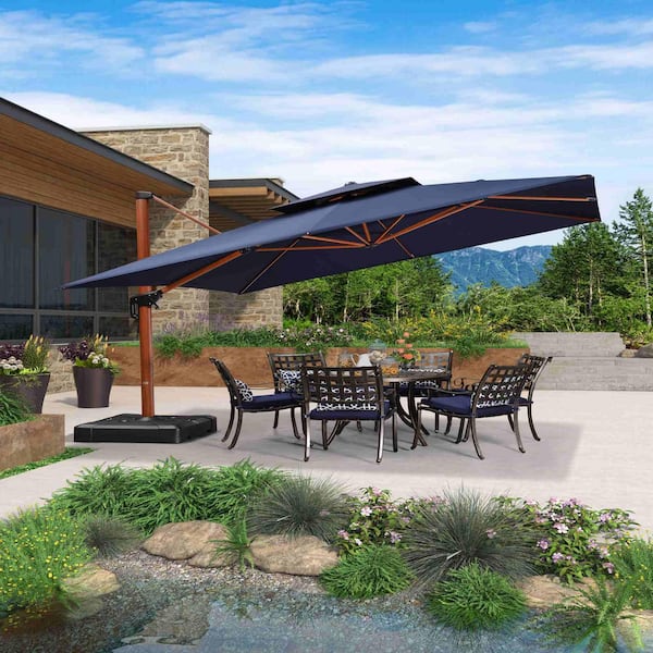 12 ft. Square High-Quality Wood Pattern Aluminum Cantilever Patio Umbrella with Stand in Navy Blue