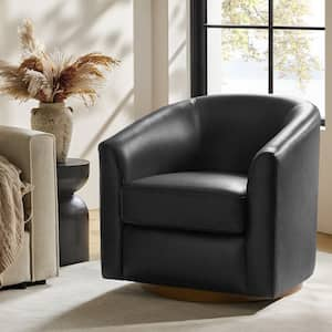 Teeny Black Modern Geniune Leather Swivel Barrel Chair With Solid Wood Base