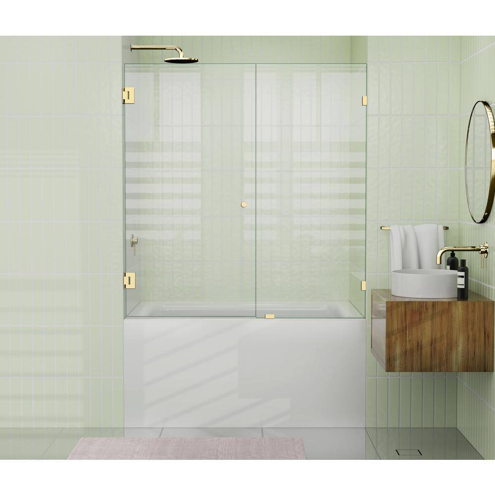 Illume 52 in. Frameless Clear Glass Bathtub Door with Polished Brass Hardware