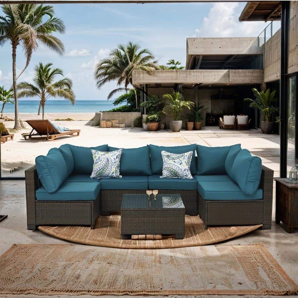 7-Piece Brown Handwoven Rattan Wicker Outdoor Patio Sectional Sofa Set with