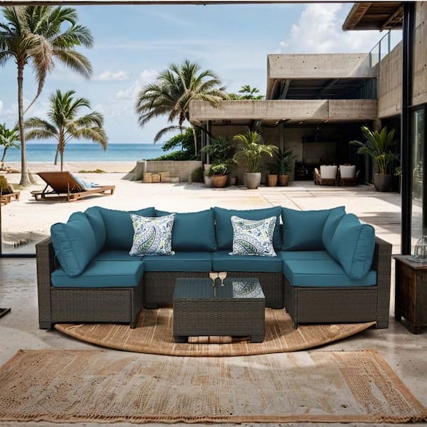 Unbranded 7-Piece Brown Handwoven Rattan Wicker Outdoor Patio Sectional Sofa Set with Peacock Blue Cushions and Coffee Table