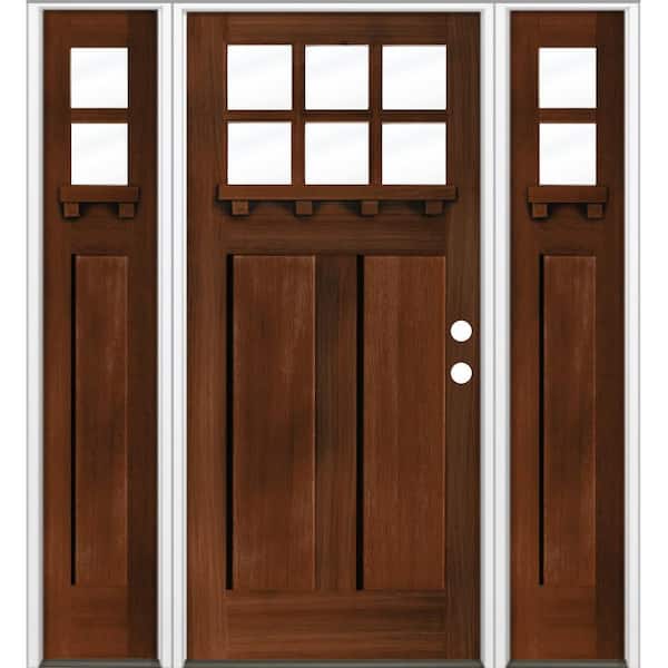 Krosswood Doors 64 in. x 80 in. Craftsman 6-Lite Clear Glass Left Hand Red Mahogany Stain Hemlock Wood Prehung Front Door w/ DSL and DS