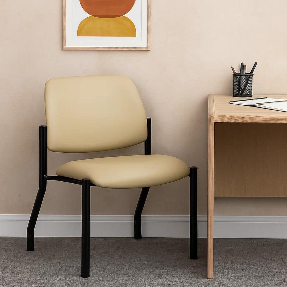 Lea Vinyl Upholstered Ergonomic Office Guest Chair in Beige and Black