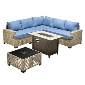 Kelleys 7-Piece Wicker Outdoor Patio Conversation Sofa Sectional Set with a Fire Pit and Sky Blue Cushions