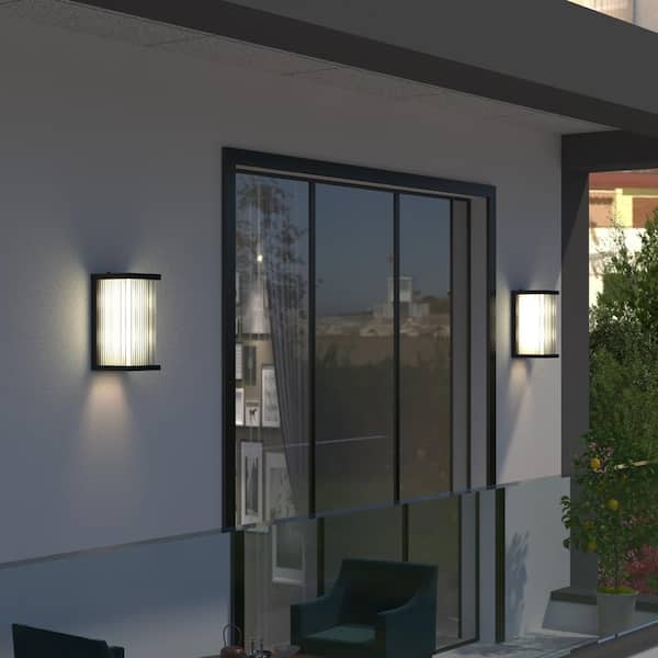 Montpelier Black 1-Light 13.3 in. Dusk to Dawn Outdoor Hardwired Lantern Sconce with Clear Striped Glass Shade (2-Pack)
