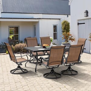 Brown and Black 7-Piece Textilene and Iron Metal Outdoor Dining Set with 1.57 in. Umbrella Hole