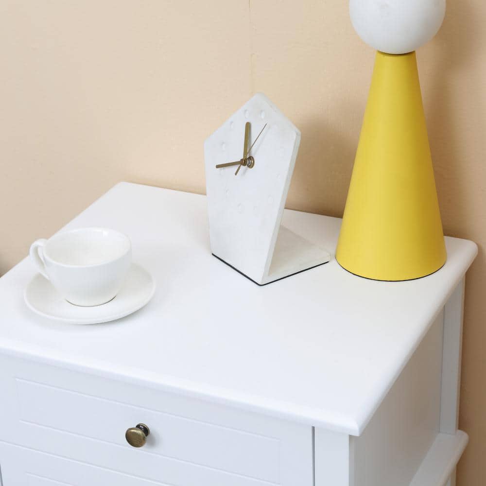 Modern White Wood Side Table with Storage Drawers and Shelf