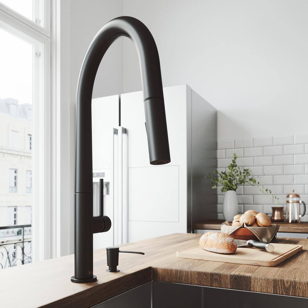 Matte Black Brass Pull-Down Kitchen Faucet with Soap Dispenser