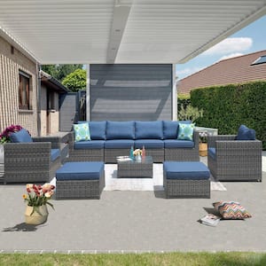 Ontario Lake Gray 9-Piece Wicker Outdoor Patio Conversation Seating Set with Denim Blue Cushions