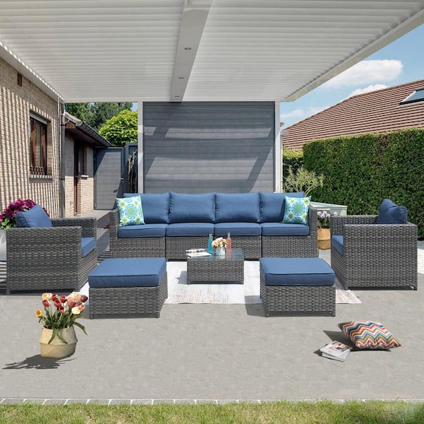 XIZZI Ontario Lake Gray 9-Piece Wicker Outdoor Patio Conversation Seating Set with Denim Blue Cushions