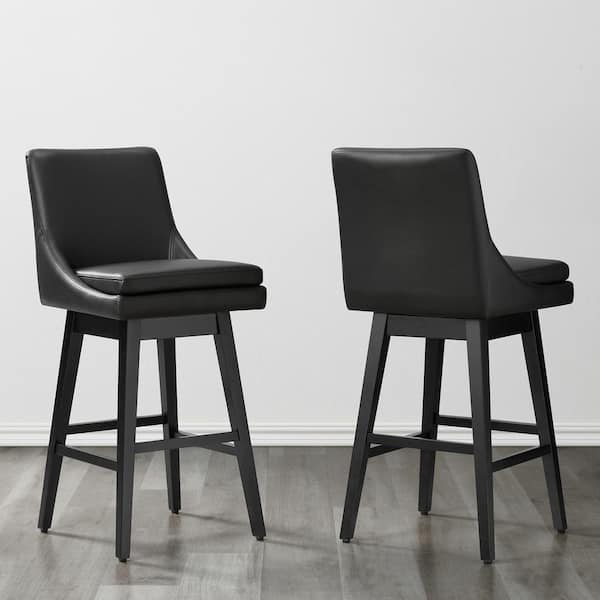 Spruce & Spring Fiona 30.7 in. Black Solid Wood Frame Swivel Counter Height Bar Stool with Faux Leather Seat and Back (Set of 2)