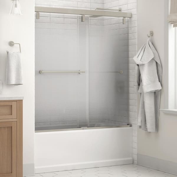 Delta Mod 60 in. x 59-1/4 in. Soft-Close Frameless Sliding Bathtub Door in Nickel with 1/4 in. (6mm) Droplet Glass