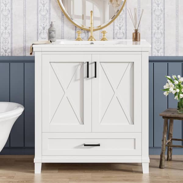 30 in. Farmhouse Freestanding White Solid Wood Frame Bath Vanity with White Ceramic Top