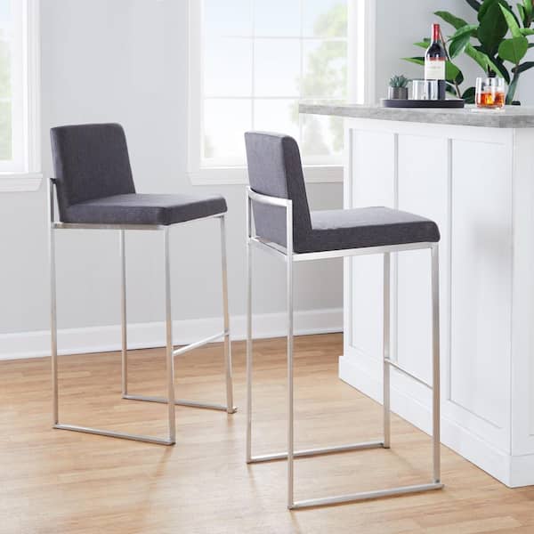 LumiSource Fuji High Back 31 in. Charcoal Fabric and Stainless Steel Metal Bar Stool (Set of 3)