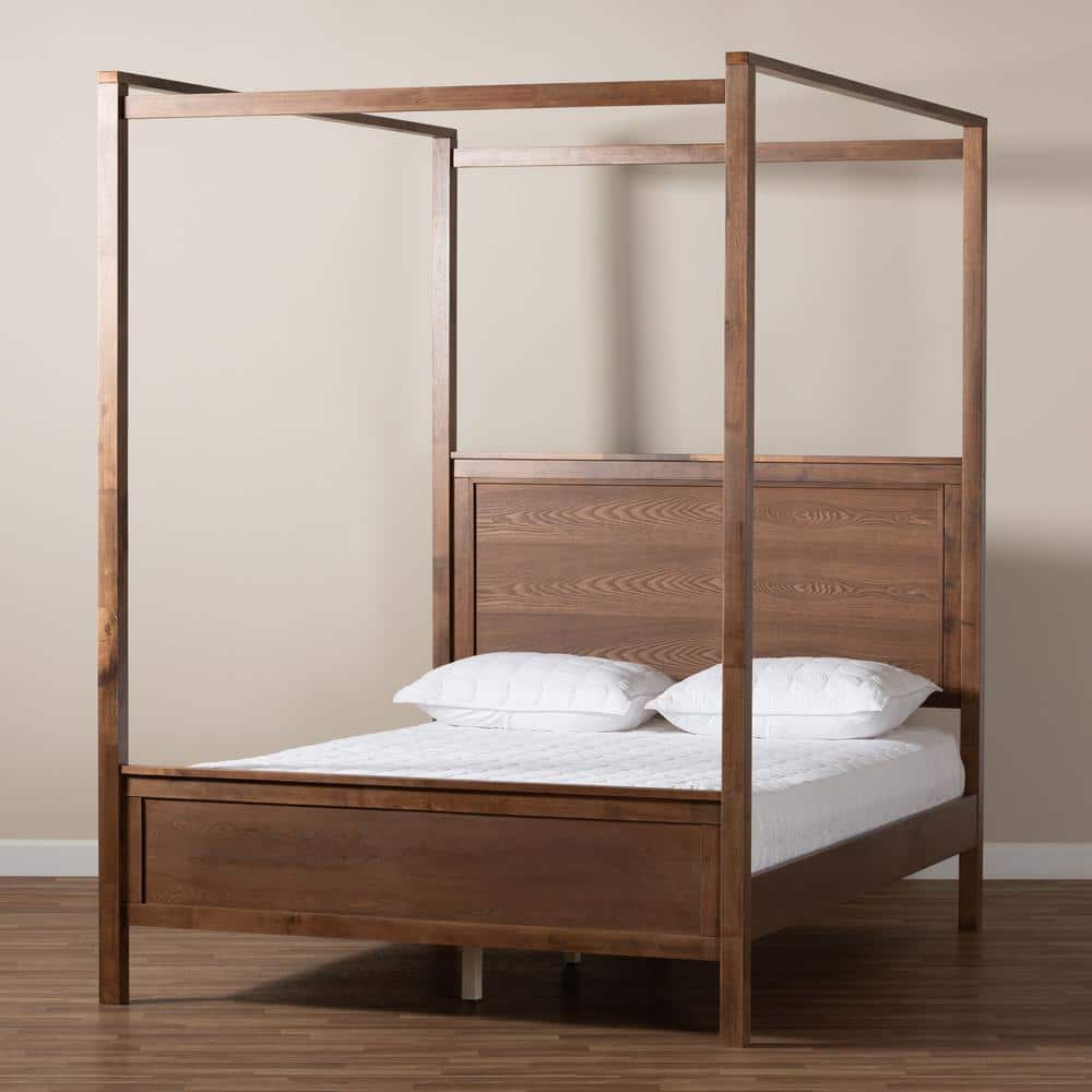 Elegant Walnut Brown King Size Wood Canopy Platform Bed