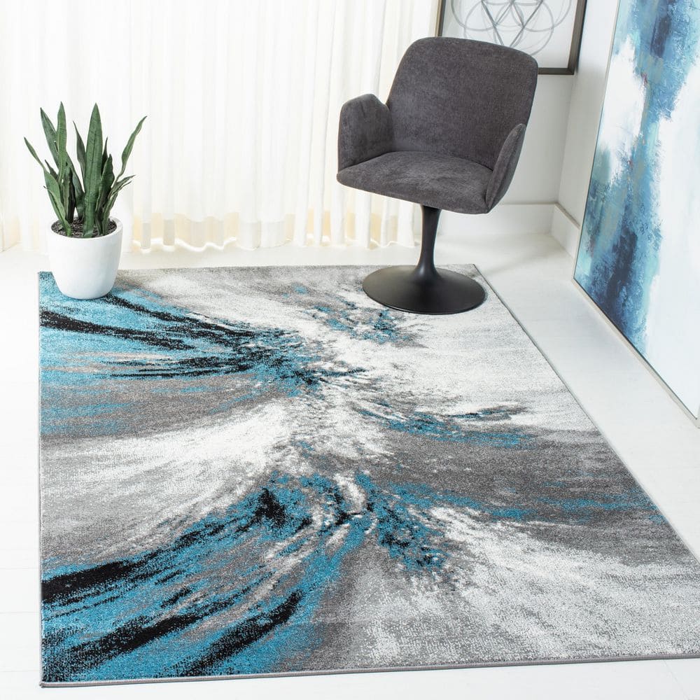 Abstract Blue and Grey Square Synthetic Area Rug